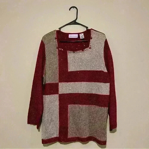 Alfred Dunner Sweater Women XL Red Gold Metallic Color Block Embellished Sweater - Picture 2 of 9
